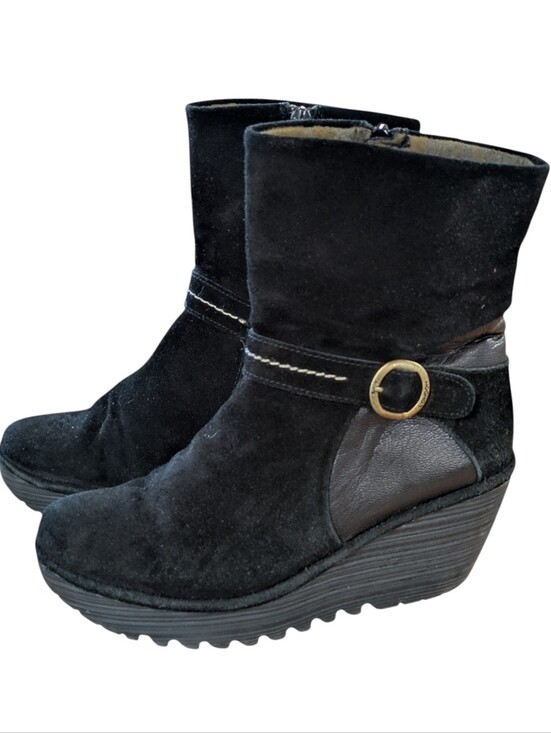 Fly London Shoes - Fly London Black Suede Wedge Ankle Boot Size 39